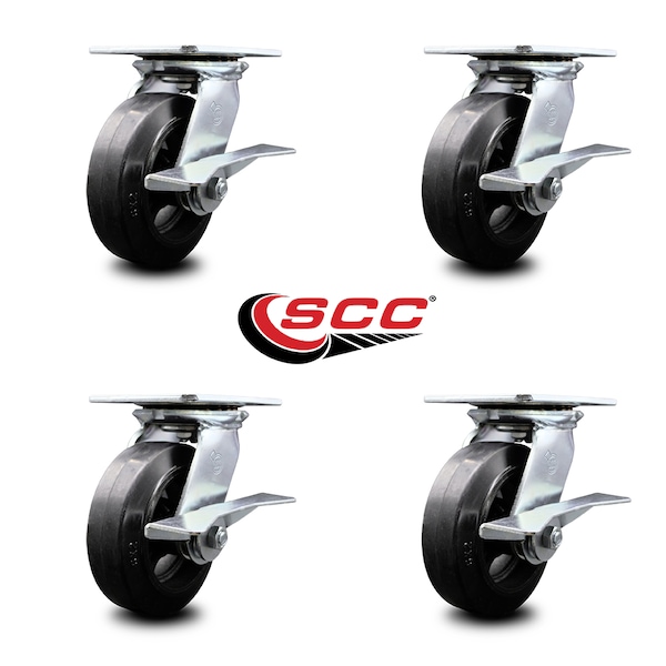 6 Inch Heavy Duty Rubber On Steel Caster Set With Ball Bearings And Brakes SCC
